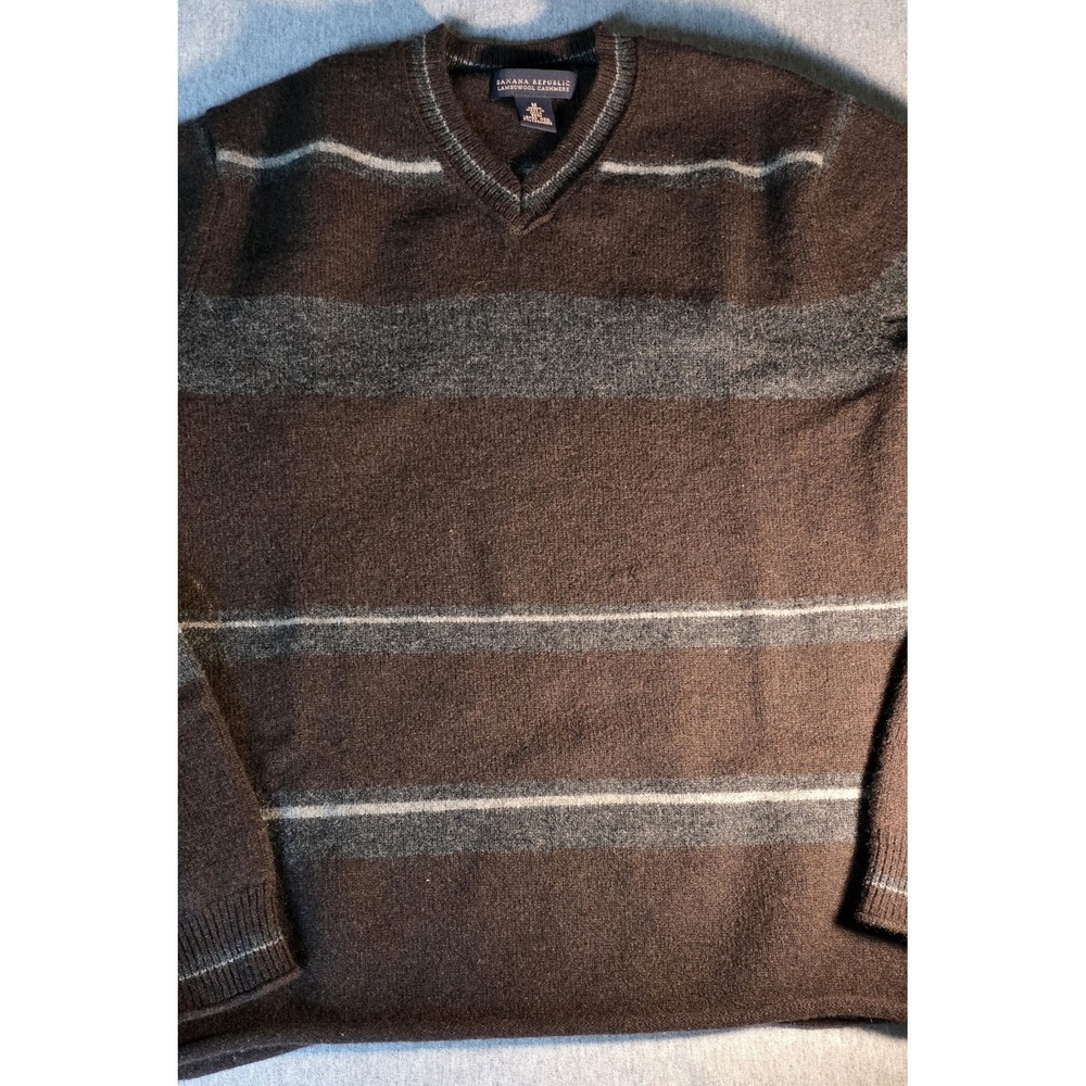 Banana Republic Men's Stripe V-Neck Lambswool Cashmere Sweater Blue Size M